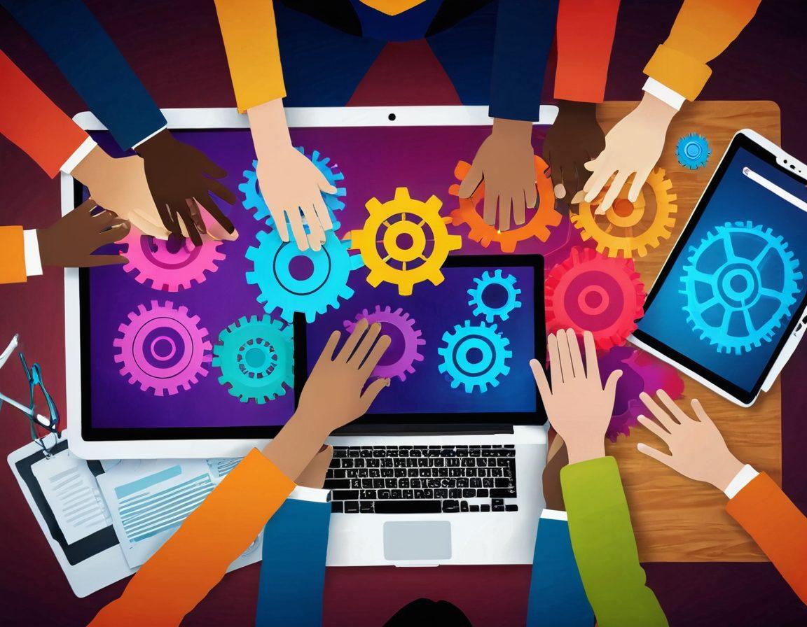 A diverse group of people working together around a digital table, sharing ideas on laptops and tablets. Warm and inviting colors to symbolize unity, with digital connections glowing between devices. Icons representing collaboration, like hands shaking and gears working together, subtly integrated into the background. Emphasize a sense of solidarity and teamwork in a modern workspace. vibrant colors. super-realistic.