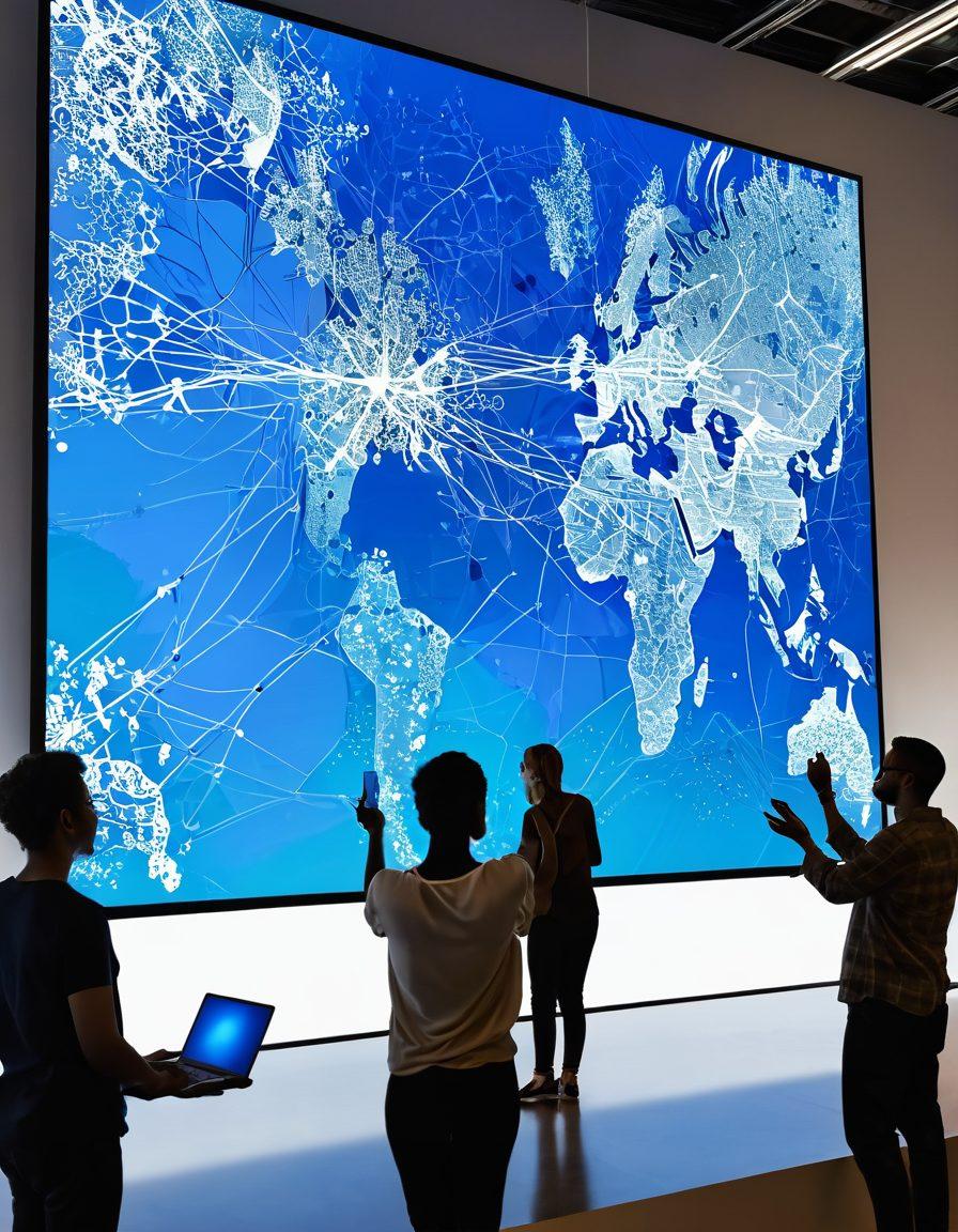 A diverse group of people from different backgrounds and cultures, gathered around a large digital screen displaying interconnected nodes symbolizing networks and alliances. They are engaged in collaborative activities, with various digital devices in hand, showcasing a vibrant and alive atmosphere of community connection. The setting is modern, with urban elements in the background, under a bright blue sky. super-realistic. vibrant colors. white background.