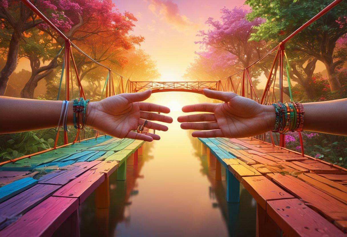 A symbolic depiction of diverse digital hands reaching out to connect vibrant, multicolored bridges representing unity and solidarity. The background features abstract representations of various digital platforms intertwined with nature, symbolizing a harmonious community. Warm lighting to evoke a sense of hope and togetherness. super-realistic. vibrant colors. uplifting atmosphere.